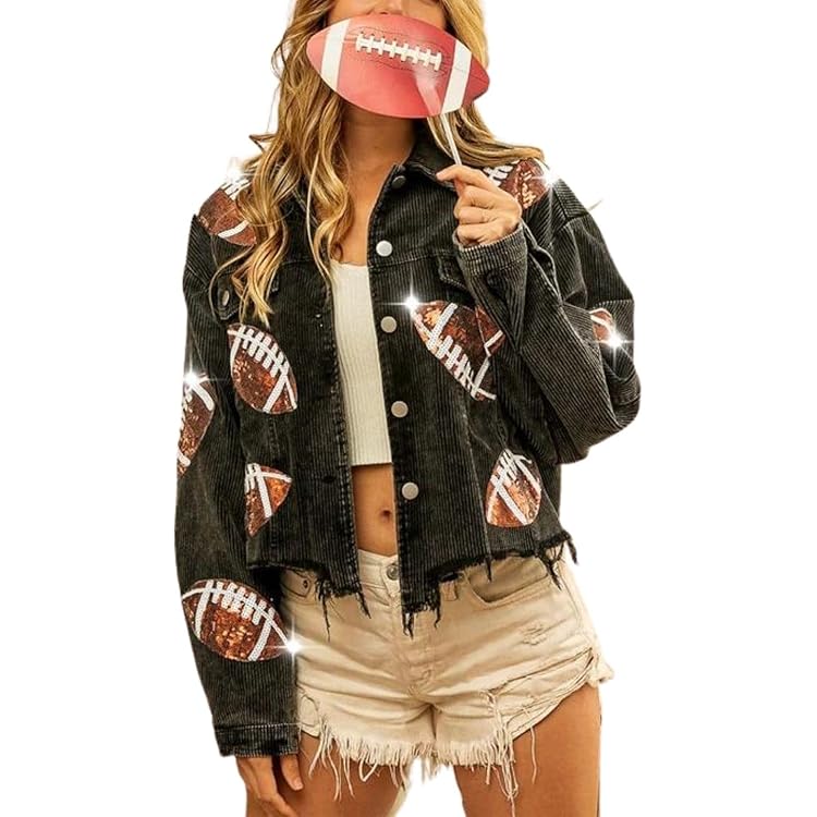 chouyatou Women Fall Sequin Rugby Distressed Corduroy Jacket